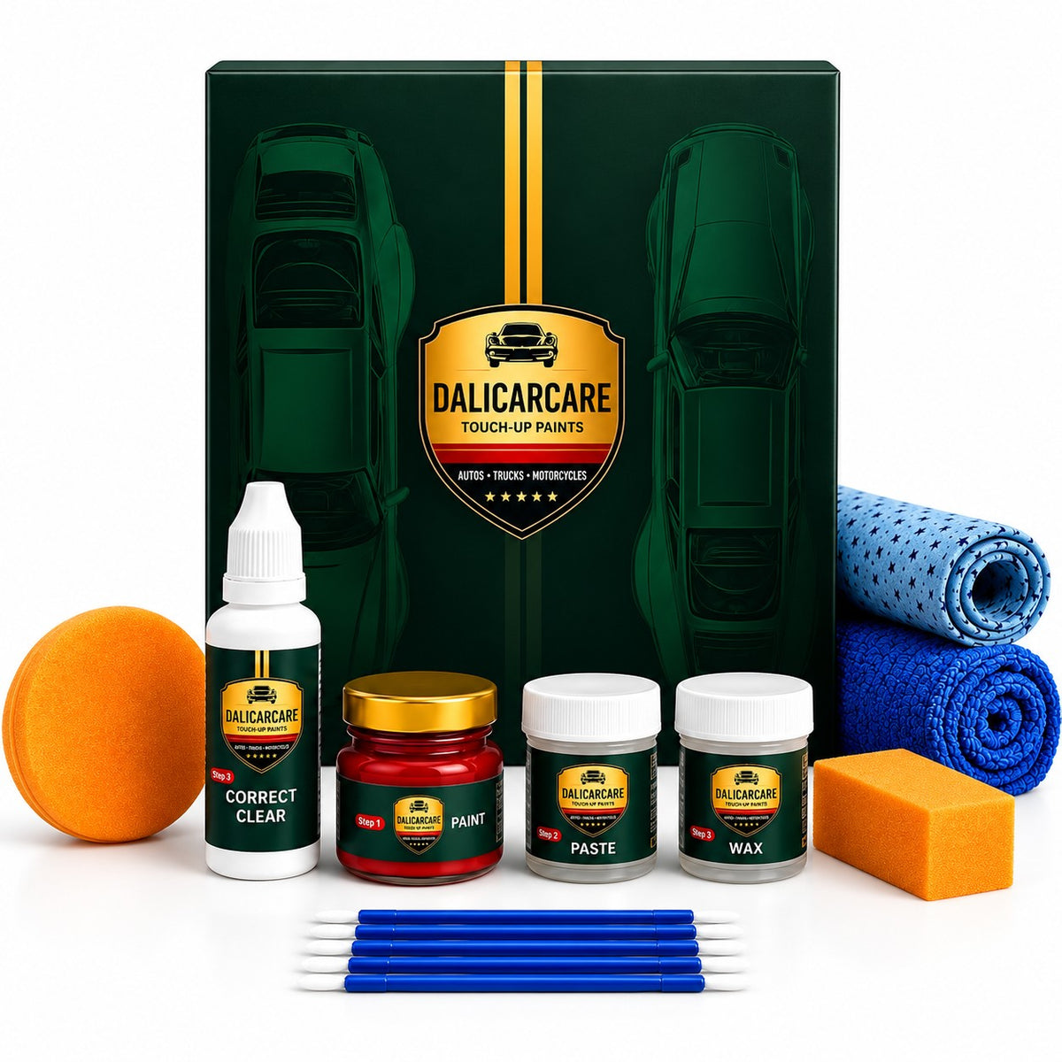 Dali Car Care touch-up kit: paint, clear coat, paste, wax, applicators and cloths